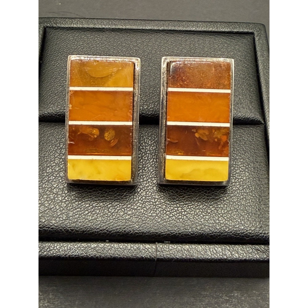 Vintage Sterling Silver Multi Color Amber Modernist Earrings 15 Grams J19